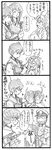  1boy 3girls 4koma ^_^ admiral_(kantai_collection) akagi_(kantai_collection) anger_vein bbb_(friskuser) closed_eyes comic glasses greyscale hat highres japanese_clothes jealous kaga_(kantai_collection) kantai_collection makigumo_(kantai_collection) monochrome multiple_girls muneate peaked_cap petting side_ponytail simple_background spoken_exclamation_mark translated 