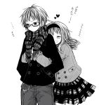  1boy 1girl :d ^_^ ahoge antenna_hair anzu_(o6v6o) closed_eyes coat double-breasted eyes_closed frown genderswap genderswap_(ftm) greyscale gumi gumiya hands_in_pockets heart hetero hug hug_from_behind keyring monochrome open_mouth pants plaid plaid_scarf plaid_skirt scarf selfcest short_hair_with_long_locks skirt smile sweatdrop translation_request vocaloid winter_clothes 
