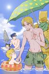  3boys beach child day dio_brando dolphin father_and_daughter father_and_son giorno_giovanna heart heart_pattern innertube jojo_no_kimyou_na_bouken kuujou_jolyne kuujou_joutarou male_swimwear multiple_boys stand_(jojo) stardust_crusaders swim_trunks swimwear the_world umbrella younger zijinkalas 