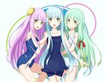  :d aoki_hagane_no_arpeggio arm_hug blue_hair bow competition_school_swimsuit double_bun double_frill_skirt_swimsuit girl_sandwich green_eyes green_hair hair_bow hair_bun hair_ribbon hand_on_another's_shoulder i-400_(aoki_hagane_no_arpeggio) i-402_(aoki_hagane_no_arpeggio) iona long_hair multiple_girls nontraditional_school_swimsuit old_school_swimsuit one-piece_swimsuit open_mouth pensuke purple_hair ribbon sandwiched school_swimsuit smile swimsuit triplets white_school_swimsuit white_swimsuit 