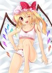  armpits blonde_hair bra fang flandre_scarlet hand_on_hip hat heart heart_print hirasawa_yuu looking_at_viewer lying one_eye_closed open_mouth panties red_eyes ribbon side_ponytail solo touhou underwear underwear_only wings 