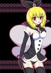  bad_id bad_pixiv_id black_background black_gloves black_legwear black_panties blonde_hair blush bracelet breasts choker covered_nipples ebony-thunder elbow_gloves gloves happinesscharge_precure! jewelry medium_breasts panties popped_collar precure queen_mirage red_eyes short_hair smile solo standing thighhighs underwear 