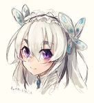  blush butterfly_hair_ornament chaika_trabant character_name closed_mouth eyebrows face hair_ornament hairband hitsugi_no_chaika long_hair maido_mido portrait purple_eyes silver_hair sketch smile solo 