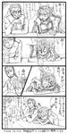  4koma admiral_(kantai_collection) bbb_(friskuser) comic drunk elbow_gloves eyepatch facial_hair glass gloves greyscale hairband headgear highres kantai_collection mamiya_(kantai_collection) monochrome multiple_girls nagato_(kantai_collection) nightmare operation_crossroads ponytail simple_background stubble translated 