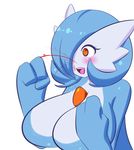  1girl alternate_color blood blue_hair blush breasts gardevoir hair_over_one_eye huge_breasts jcdr lucy_(jcdr) nosebleed open_mouth orange_eyes pokemon shiny_pokemon short_hair simple_background smile solo white_background 