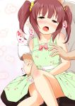  1boy 1girl bangs bare_shoulders blush bow bracelet brown_eyes brown_hair cherry_print dress eyebrows_visible_through_hair fingering food_print green_dress hair_ornament heart idolmaster idolmaster_cinderella_girls jewelry kurosuke_(pixiv5704) medium_hair nipple_tweak nose_blush ogata_chieri open_mouth pink_bow saliva sash sitting sitting_on_lap sitting_on_person size_difference sound_effects spoken_heart sweat tears torogao trembling twintails 