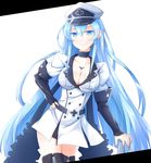  akame_ga_kill! blue_eyes blue_hair boots breasts choker cleavage cowboy_shot esdeath hat large_breasts long_hair military military_uniform peaked_cap ripe.c smile solo thigh_boots thighhighs uniform very_long_hair 