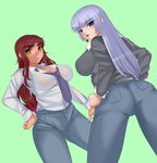  2girls ass blush breasts cardigan denim earrings from_behind from_below jeans jewelry large_breasts lipstick long_hair looking_at_viewer looking_back makeup multiple_girls necktie open_mouth original pants parted_lips purple_eyes red_hair sideboob silver_hair smile yungel1031 