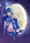  china_dress chinese_clothes dress full_moon green_eyes green_hair hatsune_miku high_heels highres lace lace-trimmed_thighhighs liyou-ryon long_hair moon mooncake panties scrunchie sitting solo thighhighs twintails underwear very_long_hair vocaloid 