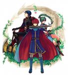  1girl 2boys blue_eyes blue_hair eliwood eliwood_(fire_emblem) fire_emblem fire_emblem:_rekka_no_ken green_eyes green_hair hector hector_(fire_emblem) long_hair lyndis_(fire_emblem) multiple_boys nintendo ponytail red_hair sword weapon 