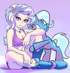  2014 blue_hair boots breasts cleavage clothed clothing cutie_mark duo equine female friendship_is_magic gsphere hair horn hug human humanized looking_at_viewer mammal my_little_pony necklace purple_eyes shorts sitting two_tone_hair unicorn white_hair 