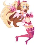  :d blonde_hair blue_eyes blush boots bow bracelet crop_top disgaea disgaea_d2 elbow_gloves flonne full_body gloves hair_ornament halterneck harada_takehito heart heart_hair_ornament jewelry jumping long_hair magical_girl midriff miniskirt multicolored multicolored_eyes navel official_art open_mouth outstretched_arm pink_bow pink_eyes pink_footwear pink_legwear pure_flonne skirt smile solo thigh_boots thighhighs twintails very_long_hair white_background zettai_ryouiki 