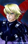  1boy blonde_hair blue_eyes character_name gundam gundam_side_story:_the_blue_destiny male male_focus nimbus_schterzen pilot_suit solo zenius zoom_layer 