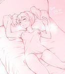  arakawa_tarou bed bed_sheet bedroom blush breasts closed_eyes covered_nipples dated english eyelashes fresh_precure! hair_ornament heart highres long_hair momozono_love monochrome pillow precure shirt sleeping small_breasts solo twintails underwear 