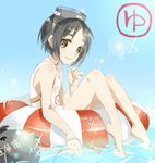 black_hair character_name diving_mask diving_mask_on_head innertube kantai_collection lifebuoy maru-yu_(kantai_collection) school_swimsuit shijima_(sjmr02) short_hair solo swimsuit white_school_swimsuit white_swimsuit 