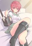  bare_legs bed blush boots crossed_legs eyebrows_visible_through_hair green_sailor_collar green_skirt grin hair_between_eyes highres kantai_collection kinu_(kantai_collection) looking_at_viewer on_bed parted_lips pillow pleated_skirt reclining red_eyes red_hair sailor_collar school_uniform serafuku short_hair skirt smile solo wa_(genryusui) 