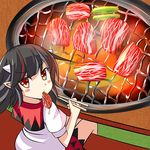  bad_id bad_pixiv_id black_hair chopsticks food from_above holding horns kijin_seija looking_at_viewer looking_up meat multicolored_hair oimo_(imoyoukan) pointy_ears red_eyes solo streaked_hair touhou two-tone_hair yakiniku 