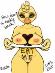  &lt;3 ? anthro avian beak bird breasts candy chica_(fnaf) chicken chocolate english_text female five_nights_at_freddy&#039;s food looking_at_viewer navel nipples nude plate pussy question richitz smile solo standing text 