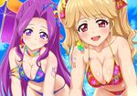  :d aikatsu! aikatsu!_(series) armlet bangs beads belly bent_over bikini blonde_hair blue_bikini blush body_blush bow breasts cleavage clothes_writing cloud colorful crescent day earrings english eyelashes floral_print gradient hair_bow hair_ornament happy highlights jewel_(the_black_canvas) jewelry kanzaki_mizuki large_breasts light_smile lips lipstick long_hair looking_at_viewer makeup multicolored_hair multiple_girls natsuki_mikuru navel necklace open_mouth outdoors print_bikini purple_eyes purple_hair red_bikini red_eyes skindentation sky smile sweat swimsuit tattoo two_side_up very_long_hair wavy_hair 