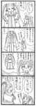  4koma aoki_hagane_no_arpeggio bbb_(friskuser) bow coat comic greyscale hair_bow haruna_(aoki_hagane_no_arpeggio) highres long_hair monochrome multiple_girls open_mouth osakabe_makie translated twintails 