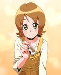  ammonio blush brown_eyes brown_hair curry eyelashes feeding food gradient gradient_background happinesscharge_precure! happy highres looking_at_viewer oomori_yuuko overalls pov_feeding precure shirt short_hair smile solo upper_body 