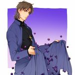  brown_eyes brown_hair cross cross_necklace fate/stay_night fate_(series) food fruit grapes jewelry kotomine_kirei male_focus necklace pinki_(shounenkakuseiya) priest solo 