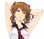  1girl armpits arms_up blush breasts brown_eyes brown_hair hands_behind_head highres ishii_takamori looking_at_viewer medium_breasts necktie original solo white_background 
