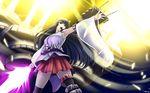  armpits asymmetrical_legwear black_hair black_legwear cannon detached_sleeves energy_sword fusou_(kantai_collection) h-new highres japanese_clothes kantai_collection long_hair machinery nontraditional_miko open_mouth outstretched_hand purple_eyes skirt solo sword thighhighs turret weapon 