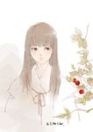  bangs black_hair branch chinese food fruit grey_eyes inuyasha japanese_clothes kikyou_(inuyasha) leaf long_hair looking_at_viewer miko ribbon simple_background sketch solo white_background zuoyouliangbuzhi 
