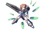  &gt;:) aqua_eyes armlet armpits brown_hair glowing gun gundam gundam_age gundam_age-fx langbazi machinery mecha_musume outstretched_arm personification pointing pointing_at_viewer short_hair simple_background smile solo tareme v-shaped_eyebrows weapon white_background 