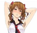  1girl armpit_hair armpits arms_up blush breasts brown_eyes brown_hair hands_behind_head highres ishii_takamori looking_at_viewer medium_breasts necktie original solo white_background 