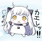  ahoge bad_id bad_pixiv_id blush_stickers chibi dress go_back! horns kantai_collection long_hair looking_at_viewer mittens northern_ocean_hime oimo_(imoyoukan) shinkaisei-kan solo translated triangle_mouth white_dress white_hair white_skin yellow_eyes 