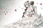  1girl bare_shoulders danganronpa dress drill_hair elbow_gloves flower gloves grey_hair hair_flower hair_ornament holding_hands kuzuryuu_fuyuhiko pekoyama_peko red_eyes rose sakuyu sitting super_danganronpa_2 sword twin_drills weapon wedding_dress 