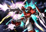  alternate_color atsuurashi beam_rifle energy_gun explosion firing gm_sniper_ii gun gundam gundam_0080 mecha shield space weapon 