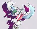 bad_id bad_pixiv_id cape gallade gen_4_pokemon grey_background highres horns looking_at_viewer mega_gallade mega_pokemon no_humans pokemon pokemon_(creature) red_eyes shadow simple_background solo spikes weapon wolpan 