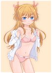  blue_eyes blush bra embarrassed eyelashes hair_ornament hair_ribbon half_updo houjou_hibiki kuroeri_(primelo) long_hair looking_at_viewer navel orange_hair panties precure ribbon shiny shiny_skin solo standing suite_precure underwear undressing 