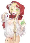  absurdres bad_id bad_pixiv_id blonde_hair breasts cherry cleavage dal-gi eating food frilled_sleeves frills fruit green_apple green_hair highres hood large_breasts little_red_riding_hood long_hair long_sleeves mouth_hold no_pants original panties red_panties side_ponytail simple_background solo underwear white_background 