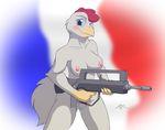  2011 anthro assault_rifle avian bird blue_eyes blush brests chicken famas female flag french_flag gun holding looking_at_viewer nipples nude pussy ranged_weapon rifle solo spotty_the_cheetah weapon 