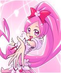  bow cure_blossom dress earrings eyelashes hair_ornament hair_ribbon hanasaki_tsubomi happy heartcatch_precure! jewelry long_hair looking_at_viewer maboroshineko magical_girl open_mouth pink pink_background pink_bow pink_dress pink_eyes pink_hair ponytail precure puffy_sleeves ribbon smile solo very_long_hair wrist_cuffs 