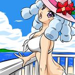  bikini bikini_bottom bikini_top blue_hair blush cloud day drill_hair eyelashes happinesscharge_precure! hat hosshiwa kogane_(staygold) light_blue_hair long_hair looking_at_viewer open_mouth pink_hat precure purple_eyes sketch sky solo standing straw_hat swimsuit white_bikini 