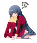  black_bodysuit black_legwear blue_hair bodysuit boots gloves hizuki_akira kneehighs long_hair natsume_(pokemon) pantyhose pokemon pokemon_(game) pokemon_frlg red_eyes sitting solo squiggle very_long_hair 