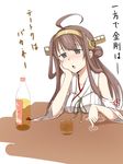  ahoge alcohol bad_id bad_pixiv_id bottle brown_hair comic detached_sleeves drunk hairband highres japanese_clothes kantai_collection kchair02_(k02-yan) kongou_(kantai_collection) long_hair nontraditional_miko sake sake_bottle solo translated 