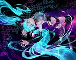  animal_ears arm_up cat_ears claws glowing hatsune_miku long_hair looking_at_viewer lying on_back osamu_(jagabata) smile tail twintails upside-down vocaloid 
