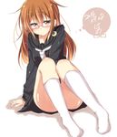  2014 arm_support brown_eyes brown_hair crescent dated glasses jiino kantai_collection looking_at_viewer mochizuki_(kantai_collection) sitting socks solo 