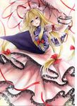  blonde_hair colored_pencil_(medium) dress hair_ribbon hat long_hair long_sleeves mob_cap mosho paint_(medium) parasol purple_eyes ribbon smile solo tabard touhou traditional_media tress_ribbon umbrella very_long_hair watercolor_(medium) white_dress wide_sleeves yakumo_yukari 