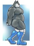  2014 anthro biceps big_muscles boots butt canine dog gloves great_dane hound_(character) houndgrey looking_at_viewer male mammal muscles nipples pecs plain_background solo standing wrestler 