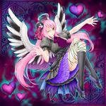  black_legwear breasts duel_monster full_body ghostrick_angel_of_mischief green_eyes hat heart highres long_hair multicolored multicolored_hair multicolored_wings nail_polish one_eye_closed open_mouth pink_hair purple_hair side_ponytail solo usoutsuki white_hair wings yuu-gi-ou 