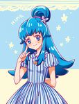  alternate_hairstyle blue_dress blue_eyes blue_hair blush character_name dress english eyelashes fashion hair_ornament happinesscharge_precure! happy kagami_chihiro long_hair looking_at_viewer precure shirayuki_hime smile solo standing striped striped_dress 