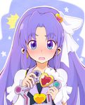  ashita_wa_hitsuji blush cure_fortune earrings embarrassed eyelashes fortune_tambourine hair_ornament happinesscharge_precure! heart heart_hair_ornament highres hikawa_iona jewelry long_hair looking_at_viewer magical_girl open_mouth ponytail precure puffy_sleeves purple_eyes purple_hair shirt solo vest wrist_cuffs 