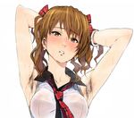  1girl armpit_hair armpits arms_up blush breasts brown_eyes brown_hair hands_behind_head highres ishii_takamori looking_at_viewer medium_breasts necktie original solo wet white_background 